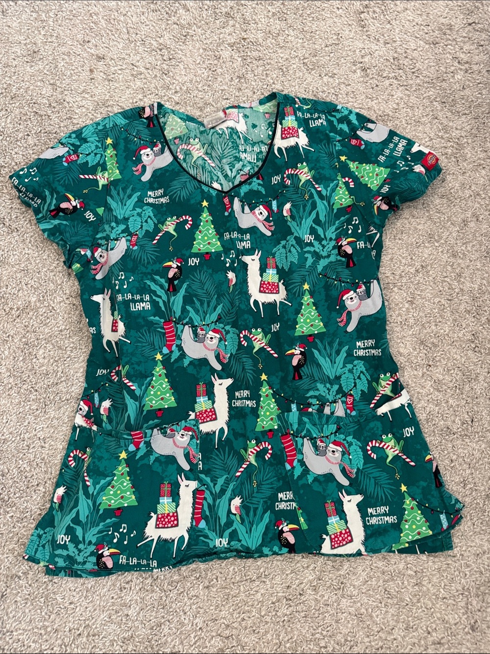Dickies Green Holiday Llama Print Scrub Top